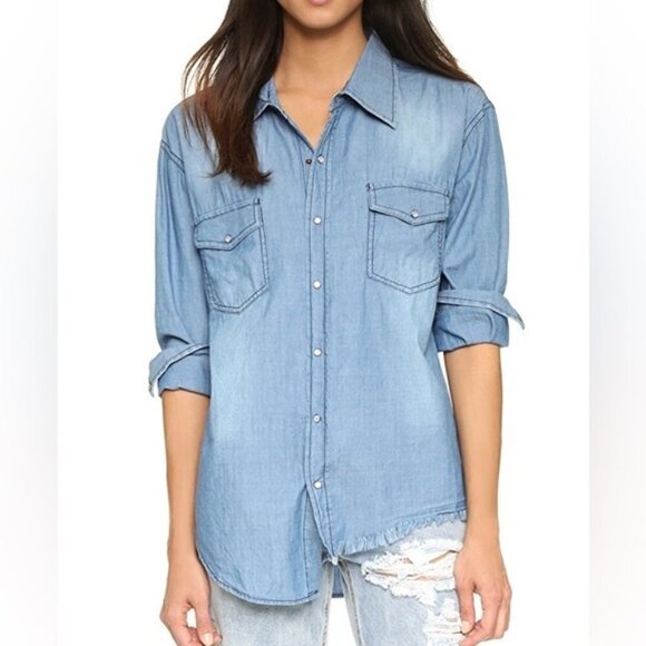 Revolve One Teaspoon Denim Button Down Shirt Chambray Frayed Blue Size XS - Picture 3 of 16